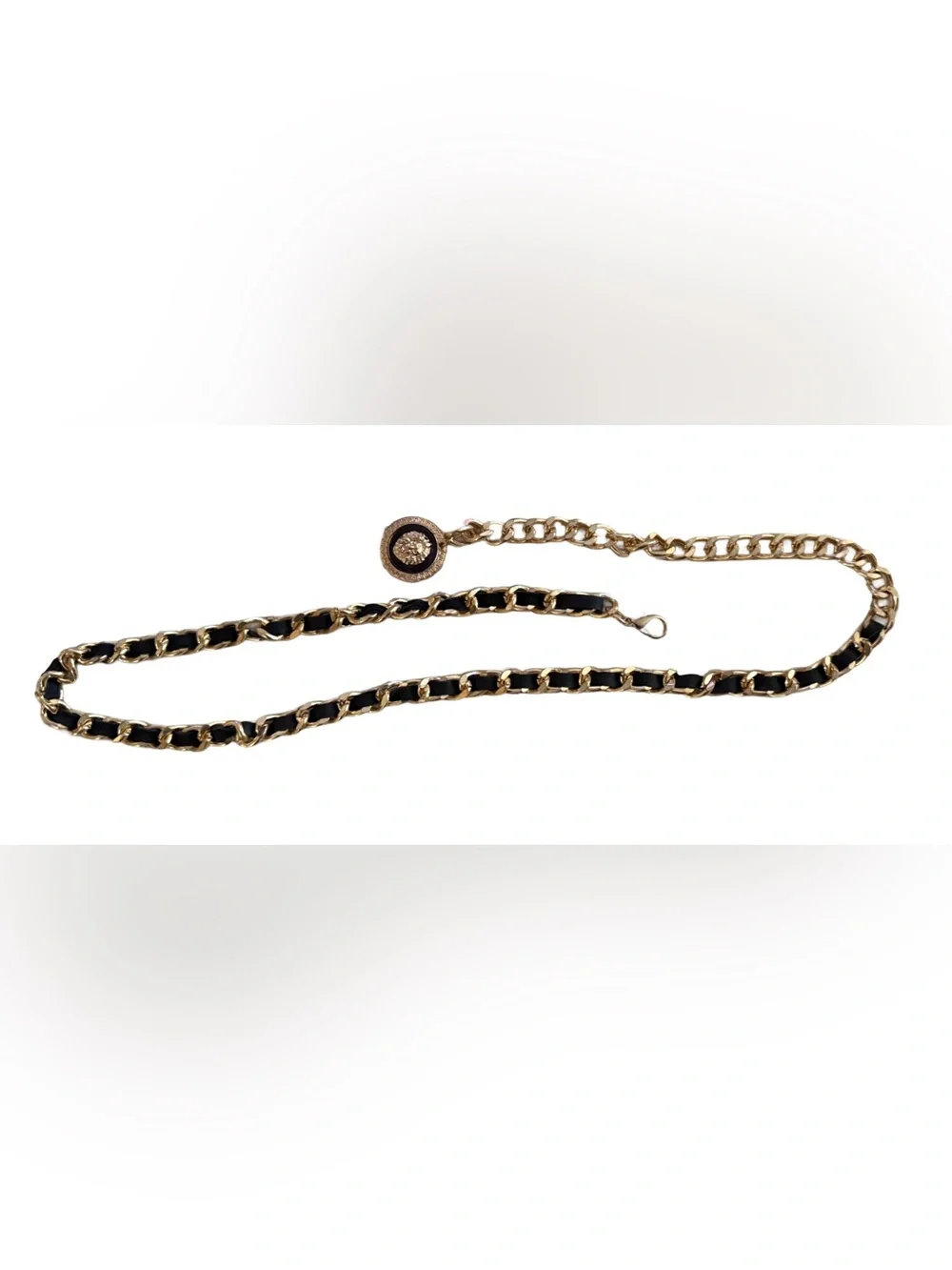 Women Gold Metal Chain Black Designer Style Fashion Belt Lion Charm Coin